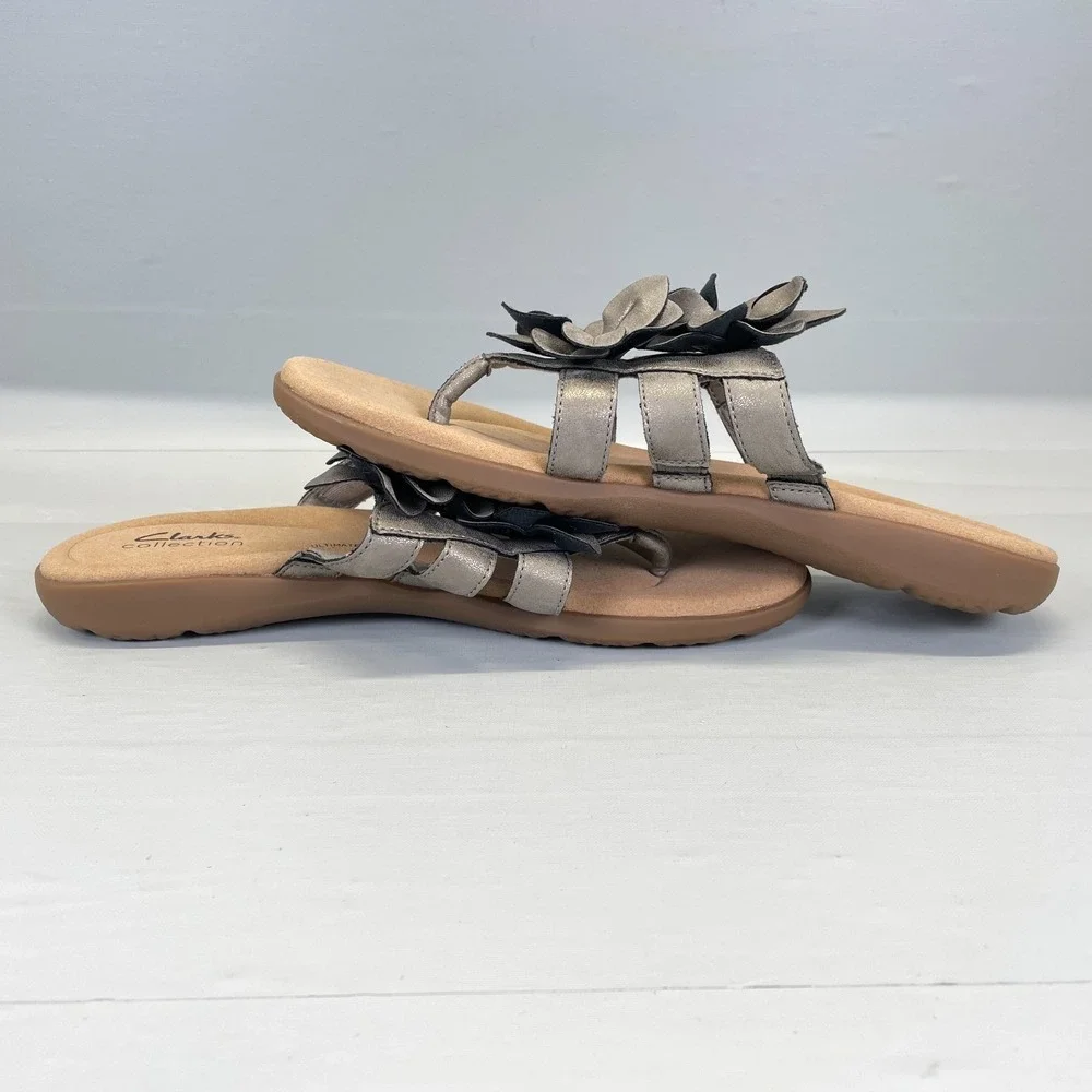 Clarks Elizabelle Mae Sandals Womens Size 9 M Pewter Metallic Shoes Thong Slides